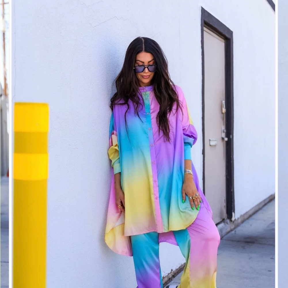 Dressed in LALA Satin Playsuit in Rainbow Daydream NWT